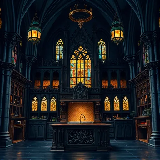 A dramatic Gothic-inspired illustration of a luxurious kitchen featuring a cathedral-like design. The scene showcases a grand, ornate kitchen island made of dark, richly textured wood with intricate Gothic tracery carvings, resembling an altar. Surrounding cabinetry includes pointed arches, stained-glass window motifs, and detailed stone-like embellishments in deep midnight blue, shadowy black, and emerald green hues, creating a regal, mysterious atmosphere. Soft candlelight from stained-glass fixtures casts warm, colorful glows over polished dark marble countertops and antique brass accents. Elegant wrought-iron chandeliers with floral patterns and curling tendrils hang above, enhancing the Gothic elegance. quirky details include tiny gargoyle sculptures perched on the cabinetry, a miniature wrought-iron staircase leading to hidden storage, and twisting vines along stonework hinting at a secret, enchanted kitchen. The background features high vaulted ceilings supported by towering stone columns with intricate ribbed vaulting, emphasizing grandeur and spaciousness. The overall mood combines majesty and mystery, blending classic Gothic elements with contemporary touches, suitable for a blog on innovative, Gothic-inspired kitchen designs.