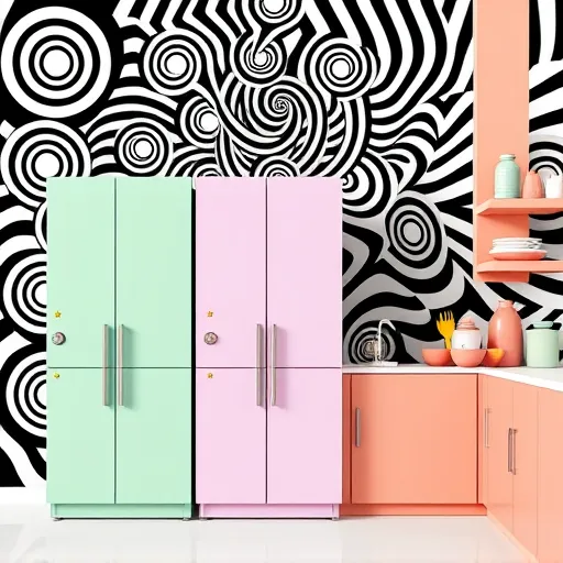 A vibrant OpArt-inspired scene illustrating babyproofing cabinets without drilling. The background features hypnotic black and white geometric patterns, including interlocking circles and zigzag lines, creating a swirling sense of movement that symbolizes the challenge of childproofing. In the foreground, sleek pastel-colored cabinet doors in mint green, soft lavender, and light coral are decorated with intricate black and white OpArt motifs, emphasizing safety and style. Playful, oversized safety gadgets—such as colorful cushioning strips, flexible silicone bumpers, and retractable lock devices—are artistically integrated as whimsical sculptures with exaggerated curves and bold outlines, giving them a quirky personality. These tools appear to float or subtly blend into the geometric patterns, portraying an effortless and creative approach to securing cabinets. Bright accents like tiny cartoon stars and swirling spirals add a cheerful, playful touch. The scene hints at a modern kitchen or playroom with stylized countertops and shelves holding abstract jars and utensils in simplified, vibrant shapes. The overall composition captures the hypnotic charm of OpArt while conveying a lively, clever, and fun method of babyproofing homes in a stylish, non-invasive manner.