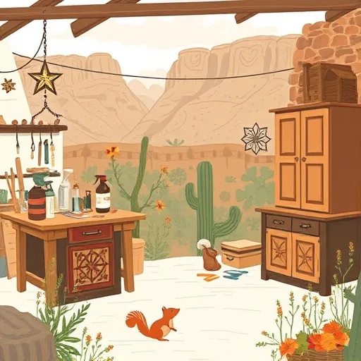 Handcrafted illustration of a vintage woodworking workshop in Canyon, Texas, showcasing beautifully restored cabinets with decorative Arts and Crafts details, half-primed pieces, and intricate patterns. The scene features a rustic workbench cluttered with hand tools, spray bottles, and wood stain swatches, surrounded by stylized Texas native plants and wildflowers. In the background, rugged canyon cliffs and desert flora are stylized with geometric motifs, blending craftsmanship with natural scenery. Warm earthy tones of brown, green, ochre, and cream create a cozy, refined atmosphere, accented by a Texas star ornament and a tiny squirrel on the workbench. The image embodies the artistry and local charm of Canyon's top cabinet refinishing companies, emphasizing expert craftsmanship and timeless, whimsical design in the Arts and Crafts style.