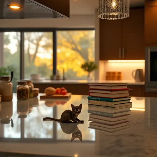 A photorealistic image of a modern kitchen featuring under-cabinet LED task lighting casting warm, soft glows onto polished quartz countertops, highlighting neatly arranged culinary tools and colorful spice jars. The scene includes a playful silhouette of a curious, mischievous cat peeking from behind a stack of recipe books, casting whimsical shadows on the glossy backsplash. The kitchen has matte-finish cabinets in muted earth tones with metallic handles, set against a softly blurred window view of a lush green garden illuminated by golden hour light. The overall atmosphere is calm, inviting, and cozy, blending practicality with subtle personality. Textures such as the reflective countertops, wood grain cabinets, and detailed lighting effects are rendered with high realism, emphasizing a balance of warm yellows, whites, greens, and browns that evoke a charming, efficient kitchen environment.