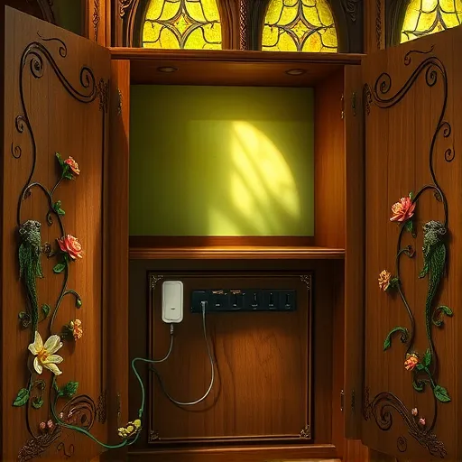 A whimsical vintage-inspired wooden kitchen cabinet featuring integrated wireless charging stations seamlessly embedded into its ornate design. The cabinet showcases intricate floral carvings, delicate vine patterns, and gold leaf accents that catch warm, gentle light. Inside, modern charging ports are subtly hidden among lush, nature-inspired details like curling ivy tendrils and miniature blooming roses. The background displays a moss-green wall reminiscent of a garden nook, illuminated by softly diffused sunlight through stained-glass windows that cast dappled shadows. Playful enchanted creatures such as jeweled-wing bees and curious lizards are discreetly incorporated, enhancing the magical atmosphere. The scene’s color palette includes rich emerald greens, warm ochre yellows, deep crimson reds, and natural aged oak tones, creating an elegant yet inviting ambiance that blends timeless artistry with modern innovation and enchanting craftsmanship.