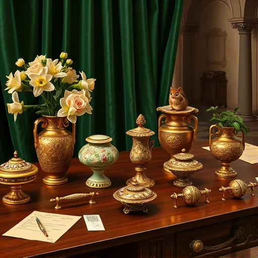 A detailed Renaissance-style still life scene featuring an ornate wooden table displaying handcrafted cabinet hardware—knobs, pulls, and handles with intricate engravings, floral motifs, and gilded accents in warm golden hues. The hardware contrasts against rich emerald green velvet drapery. Surrounding the objects are painted ceramic vases filled with lush roses, ivy, and daffodils, adding natural elegance. Subtle reflections and diffused light highlight the craftsmanship, while scattered parchment sketches with ornamental doodles and notes emphasize artisan process. In the background, classical arches and columns in muted sepia tones provide depth without distraction. A whimsical touch includes a tiny painted squirrel perched on a drawer handle. The scene combines Renaissance artistry with modern charm, using warm golds, deep greens, browns, and pastel accents to evoke craftsmanship, creativity, and timeless elegance.
