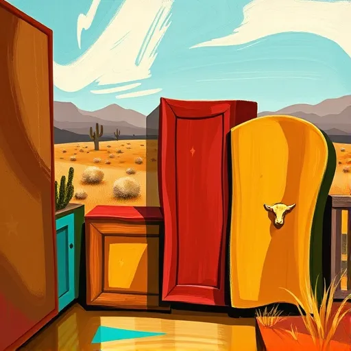 A vibrant expressionist illustration of custom cabinets in Hereford, Texas, featuring swirling, abstract cabinet forms with bold, uneven brushstrokes conveying movement and energy. The warm earthy color palette includes rich browns, burnt oranges, and golden yellows, accented with splashes of turquoise and deep crimson for a lively vibe. In the background, stylized silhouettes of the Texas plains, cacti, and prairie grasses are depicted with dynamic strokes, emphasizing the rugged landscape. Quirky regional details incorporate a cow-shaped cabinet knob, stars or cattle brand patterns carved into the wood, and a subtle outline of a cowboy hat, adding local character. The scene exudes a lively, inviting mood, celebrating craftsmanship and rural Texas pride through expressive, emotionally charged artwork.