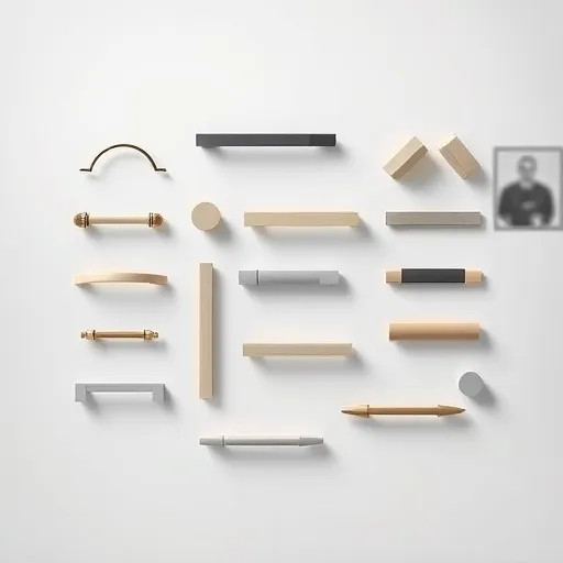 A modern, minimalist arrangement of various cabinet door handles displayed on a smooth matte surface. The handles feature diverse shapes, including geometric loops and elongated curves, with finishes ranging from matte and glossy to brushed textures. The background features soft pastel tones of blue, gray, and white, creating a calm and sophisticated atmosphere. Playful shadows cast by the handles resemble tiny creatures or abstract faces, adding whimsical charm. Some handles are tilted or overlapping, suggesting movement and personality. The blurred backdrop hints at a sleek kitchen or cabinetry scene, emphasizing the handles as the focal point. The composition highlights clean lines, simple forms, and a harmonious color palette, showcasing the tactile diversity and artistic beauty of cabinet hardware in a crisp, elegant, and slightly humorous style.