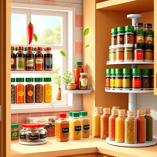 A vibrant digital illustration of a modern kitchen cabinet featuring an organized spice rack display. The scene shows sleek spice racks holding a variety of colorful spice jars with illustrated labels, some stacked on tiered racks and others in circular carousel dispensers. Soft natural light streams in through a window, illuminating the rich reds, earthy browns, bright yellows, and vibrant greens of the spices. The background includes a cozy, well-organized kitchen with vintage charm, such as a patterned tiled backsplash and warm wooden accents. Playful spice icons like chili peppers, cinnamon sticks, and bay leaves float above the jars, adding lively personality. A small chalkboard label hangs on one rack, and a tiny herb garden is visible through a doorway, enhancing the scene's inviting and creative atmosphere. The color palette features bright, warm hues balanced with neutral tones, with the digital art style emphasizing crisp details, smooth shading, and stylized realism perfect for a blog about efficient spice organization solutions.
