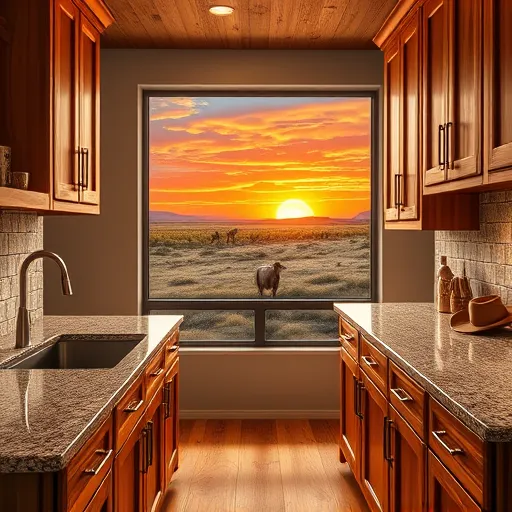 A vibrant digital artwork of custom cabinets in Dumas, Texas, featuring a spacious kitchen with rustic-modern wooden cabinetry. The detailed wood grain textures, knots, and subtle distressing evoke authenticity, accented by playful touches like a tiny cowboy hat on a cabinet handle and miniature metal stars embedded in the wood for a Texan charm. The countertops are speckled granite with reflections, complemented by vintage brass handles. In the background, large windows reveal a classic Texas landscape with rolling plains, distant windmills, and a colorful sunset sky in warm oranges, pinks, and purples, casting a cozy glow. Soft shadows and highlights add depth to the scene. The artwork embodies warmth, craftsmanship, and regional pride, blending rustic elegance with playful details in a rich, earthy color palette of browns, beiges, and sunset hues, capturing the essence of personalized, artisanal woodworking in Dumas, Texas.