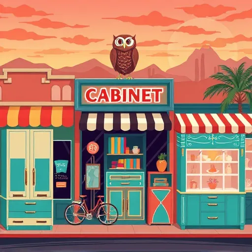 An Art Deco-inspired illustration of a vibrant storefront scene in Happy, Texas, showcasing colorful, geometrically shaped cabinets and furniture with chrome accents and bold symmetrical patterns. The lively street features a vintage bicycle leaning against the storefront, a cheerful anthropomorphic owl perched atop a cabinet, and playful signage with an Art Deco font reading “Cabinet Dreams.” Streamlined storefronts with neon-lit signs, striped awnings, and stylized palm trees sway under a sunset sky painted with warm peach, coral, and teal hues. In the background, illustrated desert mountains and a classic Texas sky set a laid-back yet glamorous atmosphere. The artwork emphasizes sharp geometric shapes, elegant symmetry, and a rich color palette of brass golds, midnight blues, coral reds, and mint greens, creating a cheerful, inviting scene that captures the vintage elegance and friendly charm of cabinet shopping in Happy, Texas.