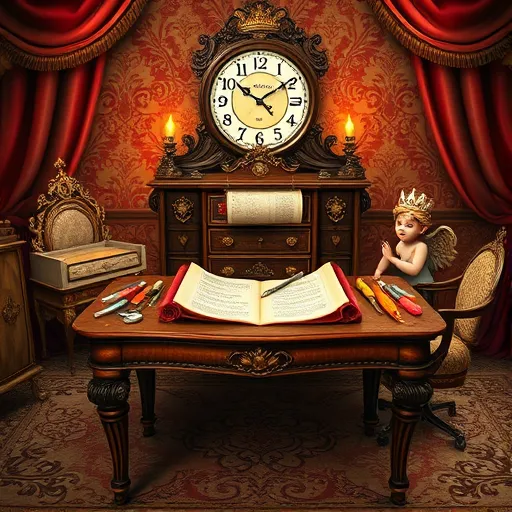 A lavish Baroque-style scene depicting a whimsical, elaborate DIY cabinet reassembly workspace. The image features ornate wooden furniture with intricate carvings, gilded accents, and a richly decorated background of swirling damask patterns and grand curtains. At the center, a large vintage worktable displays detailed open instruction scrolls, surrounded by ornate hand tools such as gilded screwdrivers, velvet-wrapped hammers, and jewel-encrusted screws, all highlighted by soft, warm lighting. Playful wooden supports and decorated hinges, adorned with tiny crowns or expressive faces, add humor and personality. An ornate, baroque clock with exaggerated numerals hangs in the background, suggesting timing and precision. Delicate cherub-like figures with intricate flourishes guide the viewer's eye around diagrams and assembly steps with theatrical gestures. The scene’s color palette includes deep, regal reds, golds, and lush browns, emphasizing opulence and drama. Small, quirky details such as miniature furniture with oversized screws and an ornate stage set enhance the lively, theatrical atmosphere. The high-contrast lighting accentuates textures and intricate details, creating a captivating, baroque-inspired tableau that showcases the elegance and complexity of DIY cabinet assembly in a playful, regal style.