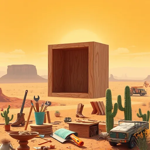 A colorful conceptual artwork illustrating home cabinet contractors in Amarillo, Texas. The scene depicts an outdoor workshop set amid iconic Golden Gate-like mesas and vast desert landscapes. In the foreground, a floating cabinet framework made of warm, earthy woods with whimsical carvings—including tiny cowboy boots and star motifs—suggests craftsmanship and regional charm. Quirky, exaggerated tools like a smiling wrench and a brightly handled saw add playful personality. Bright sunlight casts dynamic shadows, highlighting the craftsmanship moment, while cartoonish cacti and desert critters peek from the background, adding humor. The sky features a gradient of orange and teal, creating an energetic atmosphere. Distant silhouettes of work trucks decorated with southwestern patterns and subtle details such as paintbrushes, blueprints wrapped around cacti, and a vintage dustpan spinning like a windmill emphasize the creative process. Abstract geometric shapes, exaggerated perspectives, and stylized textures evoke both rugged landscapes and sophisticated craftsmanship. The color palette includes warm terracotta, golden yellows, deep blues, and soft greens, blending regional warmth with creative energy, capturing the essence of local home renovation craftsmanship in Amarillo.