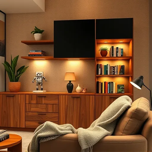 A modern, sleek cabinet system integrated into a cozy living room scene, featuring organic wood textures and minimalist matte black accents. Open shelves display potted plants, whimsical ceramic figurines, and vintage books with colorful spines, adding charm. Soft, warm LED lighting and vintage lamps cast inviting glows, highlighting the space's warmth and comfort. In the background, a textured wall in muted earth tones complements a plush armchair draped with a cozy throw blanket. Playful details include a tiny robotic figurine peeking from behind a book and a quirky clock with exaggerated hands, adding personality. The scene exudes a calm, inviting atmosphere with a curated, lived-in feel. The art style is 'ConceptualArt,' emphasizing abstract forms and textured brushstrokes, with a warm palette of soft browns, muted greens, warm beiges, and pastel accents to evoke serenity and coziness—perfect for a blog cover on stylish, practical cabinet systems enhancing intimate living spaces.