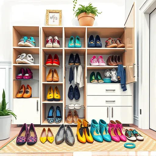An abstract, vibrant depiction of a modern entryway featuring sleek cabinet shoe racks rendered in Tachisme style with expressive, thick brushstrokes. The scene shows minimalist cabinets with open compartments filled with casually spilling shoes decorated with whimsical patterns like polka dots, floral motifs, and playful color splashes. Scattered accessories such as dangling keys and scarves add personality. The background hints at a cozy home interior with a patterned rug and subtle greenery, including potted succulents and trailing ivy. The color palette combines soft pastels—muted blues and gentle pinks—with bold accents like cheerful yellow, creating a harmonious balance between calmness and vibrancy. The textured surface emphasizes spontaneous creativity and DIY charm, highlighting functional yet artistic household organization solutions. Abstract shapes suggest movement and energy, making the scene inviting, lively, and inspiring for stylish, practical entryway design.