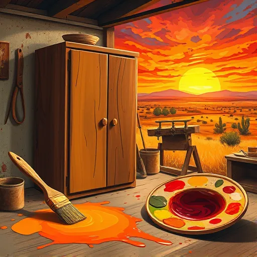 A vibrant, expressive scene of cabinet painting and staining in Vega, Texas, depicted in bold, energetic brushstrokes characteristic of Expressionism. The rustic workshop is filled with warm earthy tones such as deep ochres, burnt siennas, and terracotta, creating a cozy and lively atmosphere. In the foreground, a large, abstract wooden cabinet with exaggerated wood grain and swirling textures is mid-restoration. Colorful paintbrushes with vivid bristle tips dip into puddles of bright yellow, fiery red, and rich brown stains, adding playfulness. A large, swirling paint palette with lively splashes of color floats nearby, suggesting creativity and movement. The background features a stylized Texas landscape with rolling plains, distant mountains, and a dramatic sunset sky in shades of crimson, violet, and gold, illuminating the scene. Quirky paint splatters, swirling patterns, textured walls, and rustic tools hung in abstract forms emphasize the energetic craftsmanship. Overall, the image captures the spirited, warm, and slightly chaotic essence of cabinet painting and staining in Vega, Texas, through a vivid and emotional Expressionist lens.