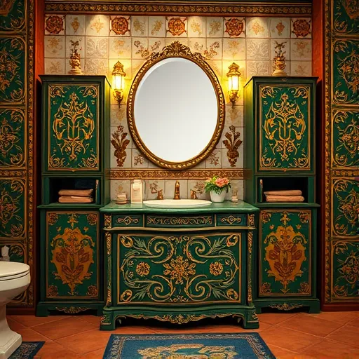 A luxurious Byzantine-style bathroom vanity featuring intricately designed cabinets with hidden drawers. The ornate woodwork showcases rich jewel-toned colors—including deep emerald greens, royal blues, and shimmering gold accents—evoking regal elegance. Elaborate patterns of intertwined floral motifs and geometric borders adorn the vanity, inspired by Byzantine mosaics but rendered with soft ceramic textures. Subtle quirky details are embedded within the design, such as tiny cherub-like figures peering from carved recesses and playful dragons or mythical birds woven into decorative elements, adding whimsical charm. Hidden compartments are hinted at by delicate chamfered edges and ornate keyholes, suggesting secret storage spaces. The backdrop includes a basilica-inspired tiled wall with gold-leaf accents that shimmer under warm ambient lighting, creating depth and a sacred ambiance. Soft halos of light surround the vanity, while a decorative border reminiscent of Byzantine illuminated manuscripts frames the scene. The overall mood combines majestic tranquility with playful mystique, emphasizing ornate detail, gold leaf textures, and balanced symmetry characteristic of Byzantine art, inviting viewers to explore its intricate, divine aesthetic.