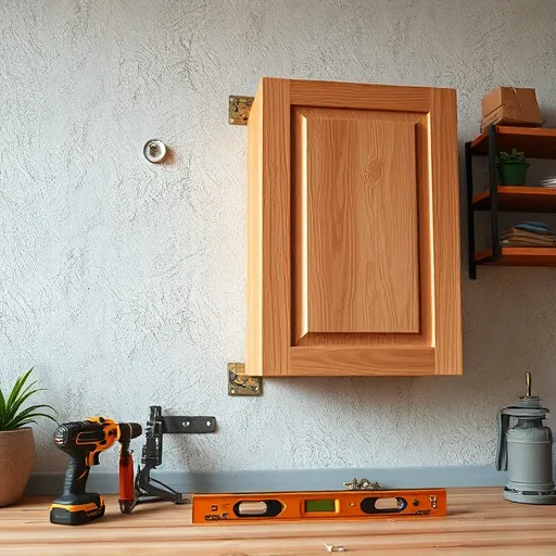 A hyperrealistic interior scene showing the detailed process of attaching cabinets to drywall. The close-up reveals a textured drywall surface with freshly drilled screw holes and drywall dust shavings. A sturdy wooden cabinet is partially mounted, with edges precisely aligned. Nearby, a power drill, a level with a small bubble, and mounting brackets with glossy, reflective surfaces are arranged to illustrate tools used in the installation. The lighting highlights the textures of drywall paper, wooden grain, and metal hardware, casting soft shadows for depth. In the background, a workshop environment features shelves stocked with repair supplies, potted plants adding greenery, and a cheerful, professional atmosphere. The color palette includes warm browns, soft grays, metallic silvers, and dark greens, conveying reliability and calm confidence. Playful details, like a cartoon-style screwdriver mascot peeking from behind tools and a "secured!" sticker on the drywall, add personality. The image’s hyperrealism delivers crisp, visually engaging detail, combining technical precision with approachable charm, ideal for DIY enthusiasts and professional readers alike.