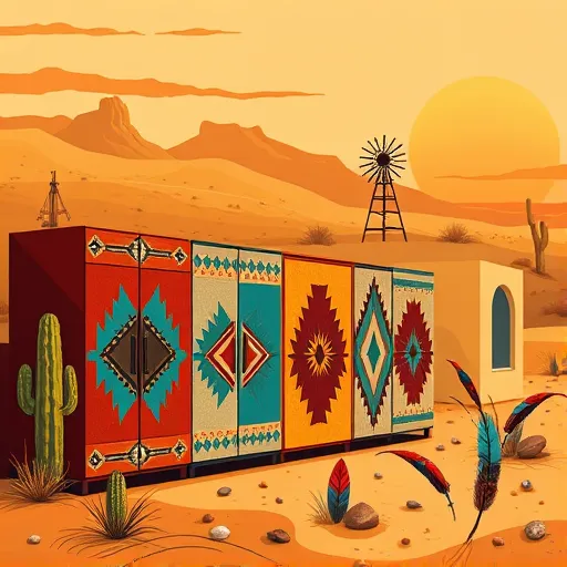 A vibrant, detailed scene inspired by Native American art styles features vintage office storage cabinets decorated with bold geometric patterns and symbolic motifs reminiscent of pottery and textiles. The cabinets are set against a desert landscape typical of Pampa, Texas, with warm earth tones like terracotta red, sandy beige, and deep brown, accented by turquoise and teal highlights. In the background, a vast golden horizon showcases distant mesas and rolling hills under a sunset sky painted with burnt orange, soft pink, and muted purple hues. Playful elements include a curious cactus at the scene’s edge, a stylized windmill adorned with decorative beadwork, and colorful feathers and stones embedded in the ground, symbolizing cultural connection. Flowing lines that mimic wind or water weave through the patterns on the cabinets, enhancing the sense of movement and storytelling. Overall, the image exudes warmth, tradition, and vibrancy, blending Native American aesthetics with Western desert scenery to create an eye-catching visual that celebrates cultural heritage and functional design.