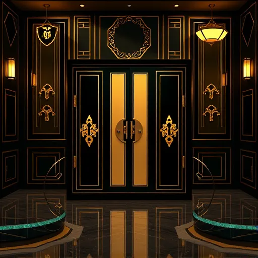 A luxurious art deco-style scene illustrating home cabinet security systems. The symmetrical composition features elegant cabinet doors with ornate handles and vintage-inspired padlocks, glowing keyholes signifying protection. Decorative shield motifs, vault symbols, and ornate surveillance cameras with rounded lenses hover in the background, adding charm. Tiny metallic keys with Art Deco engravings and geometric lock icons provide playful details. The setting is an opulent room with a polished marble floor reflecting warm ambient lighting from geometric wall panels and art deco fixtures. The color palette includes deep black, shimmering gold, rich emerald green, and ivory accents, evoking trust, sophistication, and subtle playfulness. The design emphasizes clean lines and stylized decorative elements to convey security with vintage elegance and modern symbolism.