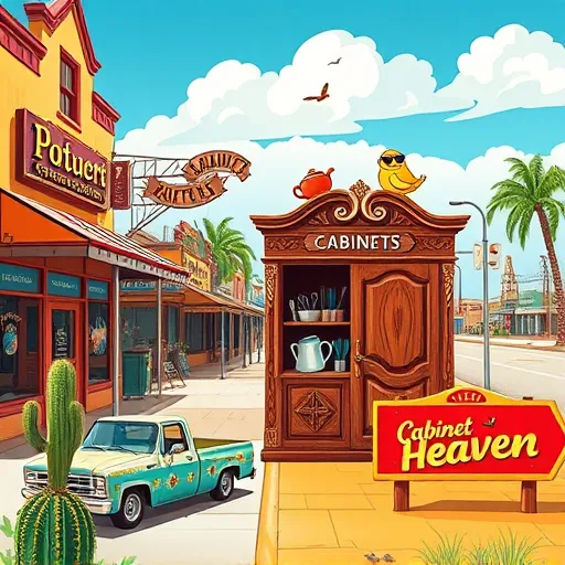A vibrant digital artwork depicting a lively cabinetry showroom on a sunny street in Amarillo, Texas. The scene features a charming storefront with colorful awnings, neon signs, and Western-style architecture. In the foreground, an oversized, whimsical wooden cabinet with intricate carvings has open doors spilling playful, exaggerated kitchen utensils like spatulas, rolling pins, and measuring cups. A vintage pickup truck painted with cheerful southwestern patterns is parked nearby, adding local charm. Small details include a cheerful cactus wearing sunglasses, a roadside sign reading "Cabinet Heaven" in a fun font with cartoon birds perched on top, and stylized palm trees against a bright blue sky with fluffy clouds. The warm, colorful palette includes yellows, turquoise, terracotta reds, and greens, creating an inviting, nostalgic, and playful atmosphere that showcases where to buy cabinets in Amarillo, Texas.