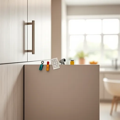 Close-up of a modern kitchen cabinet with a partially open matte-finish door, surrounded by adjustment tools such as screwdrivers, a spirit level, and allen wrenches arranged neatly around the edge. The cabinet's subtle reflections highlight precise alignment, while tiny whimsical elements like miniature paperclip magnet clips hold blueprints and notes about hinge positioning, adding a playful touch. In the background, a softly blurred organized kitchen interior features natural light streaming through a large window, with light wood textures, neutral colors, and metallic accents creating an inviting, professional atmosphere. The scene emphasizes meticulous detail, precise measurements, and a confident, approachable vibe for DIY cabinet adjustments.