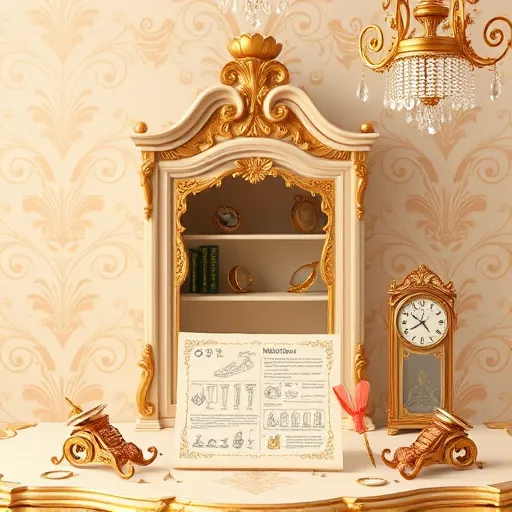 A whimsical Rococo-inspired scene depicting the installation of cabinet stays for adjustable shelf support in an ornate, opulent setting. The elaborately decorated cabinet features intricate golden filigree, curling acanthus leaves, and delicate floral motifs, set against a pastel palette of soft blush pinks, creamy ivories, and shimmering gold accents. Miniature playful tools, such as a tiny gilded screwdriver with a curled ribbon handle and an ornate vintage-level with intricate engravings, appear as part of the decor, adding charm and humor. Tiny stylized screws and brackets dance through the scene in elegant, swirling Rococo motifs, subtly illustrating the assembly process. An ornate gilded table holds a detailed instruction scroll with decorative borders, hinting at the step-by-step process. The background showcases richly patterned wallpaper with swirling rocaille motifs, shimmering chandeliers with cascading crystals, and a warm ambient glow that enhances the luxurious atmosphere. Small whimsical details, like a tiny clock with a decorative curly frame and a miniature velvet cushion supporting parts, add playful touches. The overall tone is refined yet lively, blending elegance with creative humor, celebrating the craftsmanship and decorative flair involved in installing adjustable cabinet supports within a richly decorated Rococo environment.