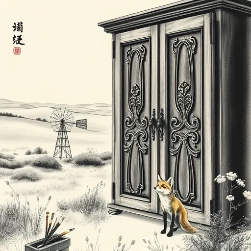 Elegant Chinese Brush Painting style scene of cabinet refinishing in Bushland, Texas, featuring delicately detailed wooden cabinet doors with intricate carvings and polished surfaces floating amidst flowing ink strokes. Highlights reveal glossy finishes, complemented by traditional Chinese paintbrushes and ink stones indicating craftsmanship and artistry. A playful fox with a paintbrush behind its ear peeks from behind the cabinet, adding charm and liveliness. The background depicts Texas rolling plains, gentle hills, windmill, and wildflowers in minimalistic ink washes, blending East Asian artistry with Western rural charm. The color palette includes black, grey, sepia, muted green, and blue, emphasizing calmness, sophistication, and quality in cabinet refinishing.