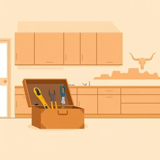 A sleek, minimalist illustration of an affordable cabinet installation in Hereford, Texas, showcasing a modern kitchen with partially installed wooden cabinets featuring clean lines and simple shapes. The scene emphasizes craftsmanship and efficiency with soft earth tones such as ochre, sandy beige, and gentle browns, creating a warm, welcoming atmosphere. In the foreground, an open geometric toolbox displays neatly arranged tools like screwdrivers and measuring tapes, adding a touch of personality. The background subtly features the minimal silhouette of the Texas Panhandle in a gradient to evoke regional identity. An understated abstract cow skull or sun motif hints at local culture, maintaining the minimalist aesthetic. The airy kitchen includes minimalist countertops and soft shadows suggesting natural light, conveying a sense of calmness and professionalism. Overall, the composition reflects efficiency, affordability, and small-town charm, ideal for highlighting cabinet installation services in Hereford.