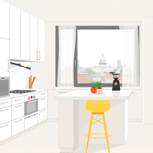 A futuristic, eco-friendly kitchen in Woodley Park, Washington, D.C., featuring sustainable materials such as bamboo countertops and transparent recycled glass cabinets. The sleek design includes embedded LED lighting, organic curved surfaces, and a vertical garden wall with lush greenery and glowing bioluminescent plants. Smart appliances on floating shelves emit gentle, colorful glows, highlighting energy efficiency. In the background, a cityscape of Washington, D.C., with iconic landmarks seamlessly blends into the horizon, emphasizing urban sustainability. Quirky details include a playful robotic kitchen assistant with a rounded design and floating glowing utensils that appear to dance in mid-air. The overall scene exudes cleanliness, harmony, and innovation, incorporating a color palette of cool cyan, vibrant emerald greens, soft lavender, and warm copper accents. This visually appealing composition celebrates sustainable, forward-thinking home renovations with a cheerful and approachable aesthetic.