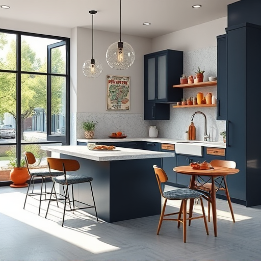 A vibrant digital art scene depicting the steps to plan a kitchen remodel. The image features a stylized blueprint spread on a sleek modern table, showcasing colorful sketches of cabinetry, countertops, and appliances. Surrounding the blueprint are playful icons, including miniature measuring tapes, cartoonish lightbulbs symbolizing ideas, and small tool silhouettes with humorous facial expressions, suggesting collaborative planning. In the background, an open kitchen window reveals a lush garden with blooming plants, adding a fresh and inspiring touch. The scene combines professionalism with creativity, using a warm neutral palette accented with soft blues, yellows, and corals to evoke enthusiasm. Additional details like a calendar with sticky notes and a vintage magnifying glass emphasize meticulous planning and curiosity. The digital art style features crisp lines, smooth shading, and playful shadows, creating a modern, inviting atmosphere that captures the organized yet imaginative process of transforming a kitchen.
