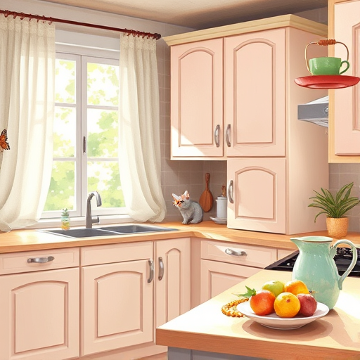 A vibrant, abstract illustration of a modern kitchen undergoing remodeling, created in geometric abstraction style. The scene features stylized kitchen elements with bold geometric shapes: a sleek countertop composed of overlapping teal, orange, and gray triangles; angular cabinets made of interlocking rectangles and circles suggesting open shelving. A contemporary kitchen island with layered polygonal shapes serves as a focal point. In the background, stylized windows reveal a city skyline with sharp-edged skyscrapers in contrasting colors, evoking urban chic. Quirky details include a geometric potted plant with angular leaves, patterned abstract tiles on the backsplash, and a large, stylized yellow kettle with angular steam in zigzag patterns. The overall mood is lively and inspiring, combining a clean modern vibe with playful, energetic shapes, enhanced by a palette of teal, orange, gray, yellow, and black outlines. The geometric style imparts a contemporary, avant-garde feel, making this an eye-catching cover image for a blog about innovative kitchen remodeling ideas.