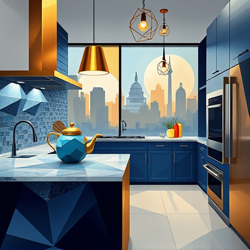 A vibrant abstract expressionist scene representing top-rated kitchen designers in Petworth, D.C., featuring energetic brushstrokes and bold splashes of warm reds, deep blues, and energetic yellows, accented with metallic gold and silver. Stylized semi-abstract symbols of kitchen design, including fragmented geometric shapes resembling sleek countertops, floating stovetop elements, whimsical cabinetry hints, and abstract utensils and pot handles, are intertwined with swirling patterns that convey movement and innovation. The background subtly depicts a textured urban neighborhood with hints of brick and greenery, reflecting Petworth’s neighborhood charm. The overall composition exudes creativity, sophistication, and lively energy, evoking an artistic workshop atmosphere dedicated to inventive kitchen design.