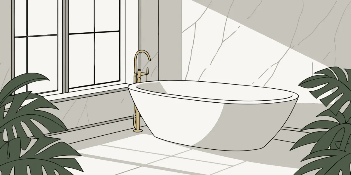Modern bathroom remodel idea with a freestanding tub and large window bringing in natural light.