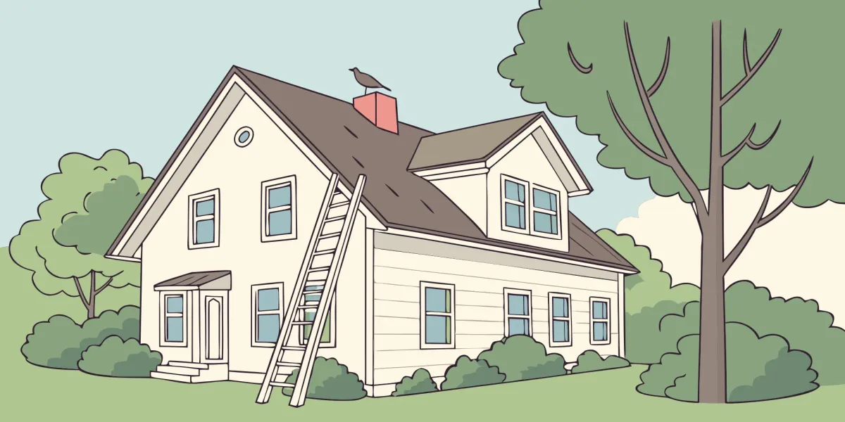 A ladder against a house's roof, set up by a company for a full roof replacement.