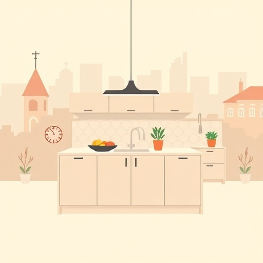 A minimalist kitchen measuring 4 meters by 3 meters, featuring clean lines and an uncluttered layout that emphasizes simplicity and functionality. The space includes a sleek, streamlined island counter with smooth, handle-less matte white cabinetry, complemented by a pale gray backsplash and warm accent lighting beneath the cabinets. Floating shelves display minimalist ceramic dishes and potted herbs, adding greenery without clutter. To the right, a compact, integrated oven and a sleek induction cooktop blend seamlessly into the design. Large windows flood the bright, airy environment with natural light, reflecting off smooth surfaces and creating a calm, modern atmosphere. Decorative touches include a colorful retro kettle and a geometric-patterned rug under the island, adding personality. The background features a serene cityscape view through expansive glass panes, merging urban elegance with tranquility. The overall style is minimalist with a restrained color palette of whites, grays, and pastels, evoking calm efficiency and modern sophistication.