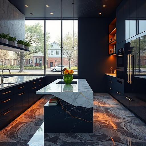 A modern kitchen featuring a sleek island with a polished marble countertop showcasing subtle veining and soft light reflections. The island has minimalist matte black handleless cabinetry. Above, a whimsical chandelier made of delicate, irregular glass orbs in pastel pink, mint, and lavender hues hangs playfully. The spacious, sunlit kitchen background includes floor-to-ceiling windows framing lush greenery outside, filling the space with warm natural light. On the countertop, a vintage-style teapot and colorful mismatched ceramic utensils add quirky charm. The surround includes a contemporary backsplash with intricate, hand-painted tile patterns, complemented by potted succulents and fresh herbs on the windowsill. The scene is depicted in hyperrealism, highlighting textures and reflections with a warm neutral and pastel color palette, creating an inviting, sophisticated, yet playful atmosphere.