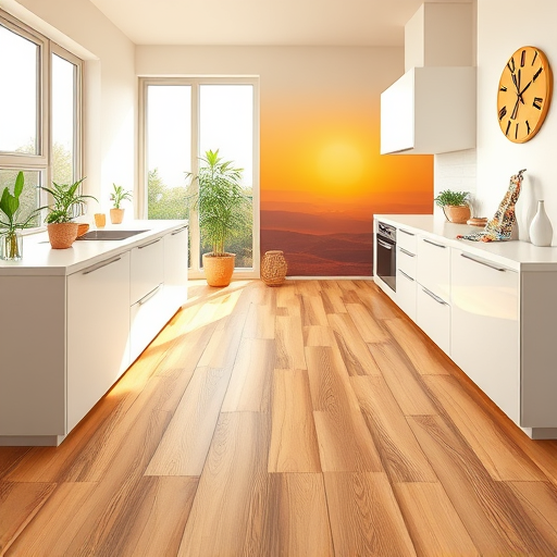 A vibrant, modern kitchen featuring innovative bamboo flooring with intricate, playful patterns blending traditional bamboo planks into herringbone and curvilinear designs. The scene showcases a bright, airy space with sleek, matte white cabinetry, natural wood accents, and potted bamboo plants on countertops, emphasizing eco-friendly interior design. Soft sunlight streams through large windows, casting gentle shadows that highlight the unique grain and texture of the bamboo floors. Decorative elements include stylized bamboo utensils on a colorful dish towel, a quirky bamboo-themed abstract clock, and small playful patterns like cartoonish bamboo stalks and geometric motifs. The background displays a subtle sunset gradient, creating a warm, inspiring atmosphere that celebrates sustainable home upgrades with a creative, harmonious aesthetic.