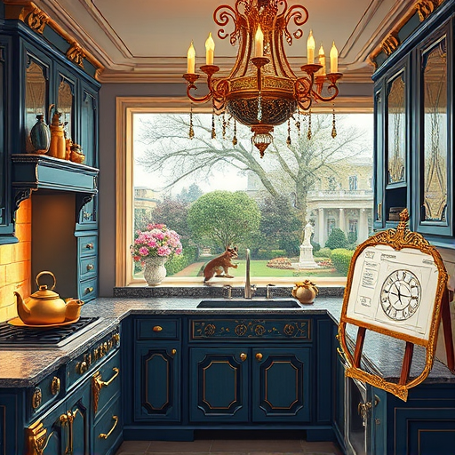 A vibrant, detailed scene of a modern kitchen mid-transformation, featuring freshly refinished cabinets with a glossy, sleek finish that reflects ambient light. The image highlights a row of elegantly crafted cabinets with intricate moldings, painted in muted taupe and soft charcoal, complemented by open shelves displaying playful pastel-colored dishware. Scattered refinishing tools—including brushes, rollers, and a paint can—are arranged thoughtfully to evoke craftsmanship and artistry. An artist’s palette-shaped cutting board adds a whimsical touch, suggesting creative involvement in the makeover. The clean countertop showcases a vintage teapot, a potted herb, and a sprig of mint, adding warmth and charm. Large windows in the airy, sunlit kitchen cast soft natural light, highlighting textures like wood grain and paint layers, emphasizing the quality of the renovation. Detailed elements such as a colorful clock with playful numbers, tiny stacked dominoes, and subtle shadows contribute to a warm, inspiring atmosphere that celebrates home improvement, craftsmanship, and creative design.