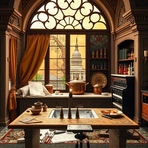 Abstract, vibrant illustration of a kitchen layout optimized in Foggy Bottom, District of Columbia, rendered in a ColorFieldPainting style. Features bold, flat color blocks depicting simplified kitchen elements—counters, cabinets, and appliances—in contrasting hues like navy blue, terracotta, and white, with soft pastel overlays of mint green, blush pink, and lemon for visual interest. The background incorporates abstracted silhouettes of Foggy Bottom's skyline, including the Washington Monument and government buildings, blended into overlapping color patches. Quirky icons such as a floating teapot, stylized calendar, and miniature compass are subtly integrated into the scene, symbolizing navigation and smart space utilization. Overall mood is calm yet energetic, conveying a sense of harmony, ingenuity, and streamlined urban living through layered color fields and minimalist design.