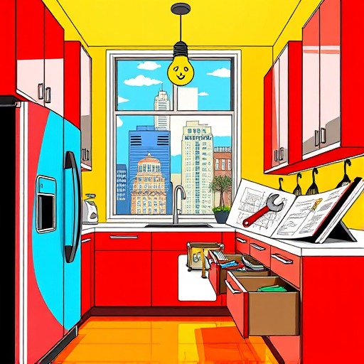A vibrant digital illustration of a charming, traditional kitchen in Columbia Heights, District of Columbia, undergoing a cozy remodeling. The scene features warm earthy tones accented with mustard yellow, deep teal, and rustic terracotta. Vintage-inspired cabinetry with ornate moldings surrounds a central wooden island topped with a weathered butcher block, decorated with a collection of whimsical teapots, spice jars, and a small ceramic cat. Bright subway tile backsplash in soft white adds a subtle gloss, while open shelves display colorful dishware and potted herbs. Large windows reveal a lively cityscape of Columbia Heights rowhouses, lush trees, bicycles, and pedestrians, emphasizing community charm. Warm lighting highlights textured surfaces, creating a nostalgic yet modern atmosphere. Playful details include a vintage clock with mismatched hands, hanging dried herbs, and a cheerful rooster figurine, enhancing the inviting and quirky ambiance of this personalized culinary space.