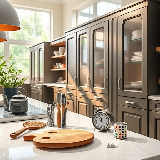 A vibrant surrealist illustration of a USA-themed kitchen renovation scene, blending imagination with reality. The floating kitchen features countertops of flowing molten glass in warm amber and cool blue tones. Cabinets twist into cloud-like formations dissolving into abstract shapes, creating a whimsical atmosphere. Surreal objects like oversized clock gears, floating paintbrushes, and geometric shapes drift through the space, symbolizing creativity and transformation. A mosaic-tiled spiral staircase reflects the sky behind, suggesting progress. A large window frames a stylized American landscape with rolling hills, distant skyscrapers, and a waving flag in a surreal wind, adding patriotic symbolism. Soft, diffuse lighting enhances the calm, inviting mood with gentle shadows highlighting fluid forms. Playful details include a tiny glowing robot chef behind a cabinet and a melting clock on the countertop, inspired by Salvador Dalí. The color palette combines warm golds, soothing blues, with vibrant reds and greens, evoking optimism and renewal. This playful yet professional artwork celebrates American kitchen remodeling as a creative, surreal journey of transformation.