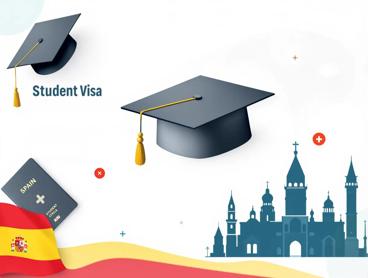 Spain student visa health insurance requirements - graduation cap, passport and medical symbols