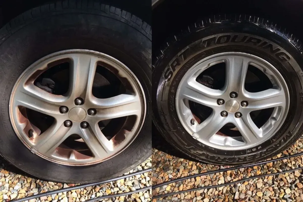 Before and after alloy wheel and tire detailing at Vineyard Wash in Martha’s Vineyard.