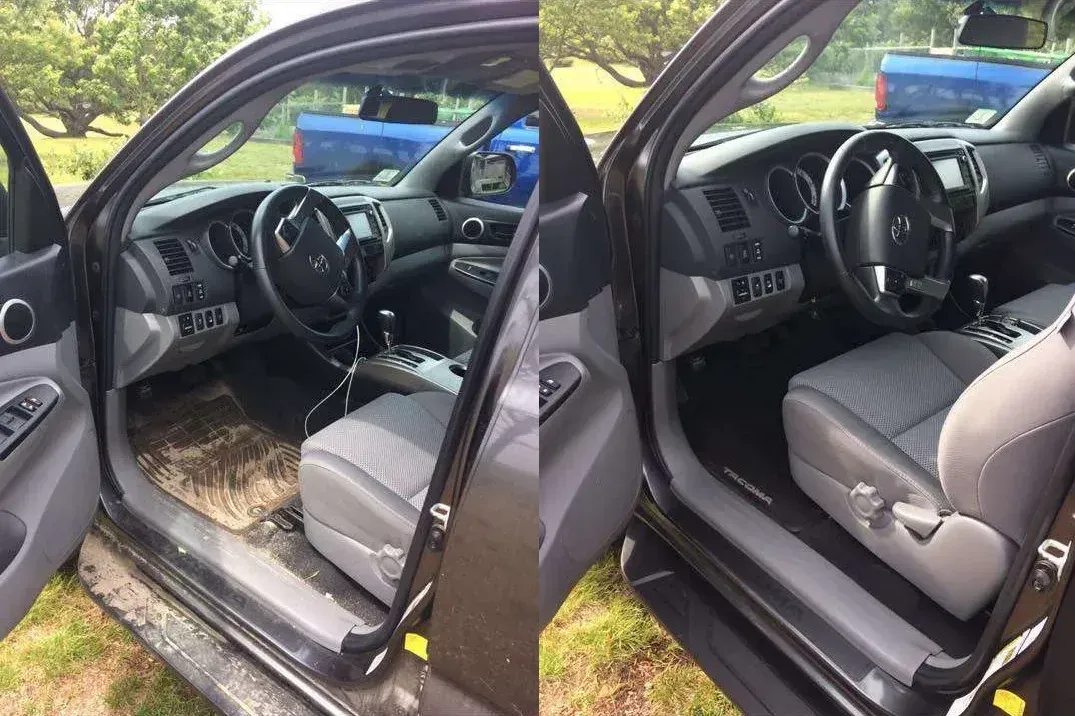 Before and after Toyota Tacoma interior detailing showing clean seats, dashboard, and floor mat at Vineyard Wash.