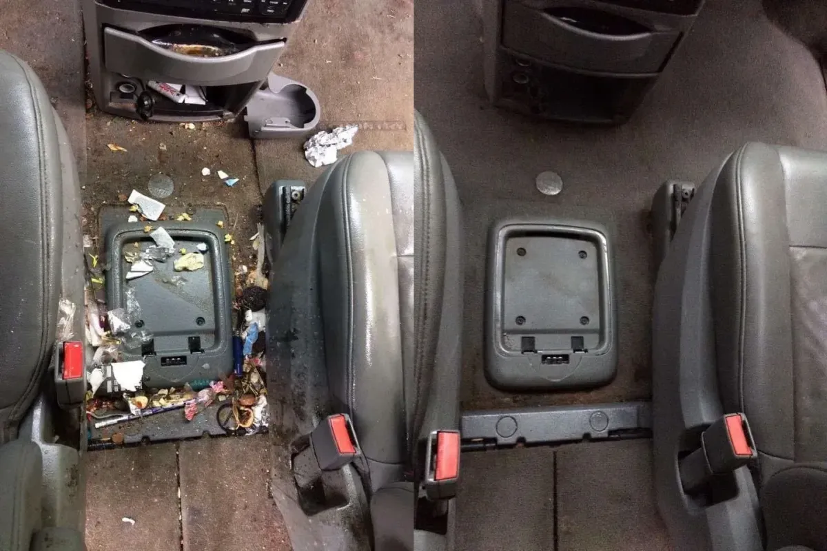 Before and after car interior deep clean of floor and seat area, removing trash and restoring cleanliness at Vineyard Wash.