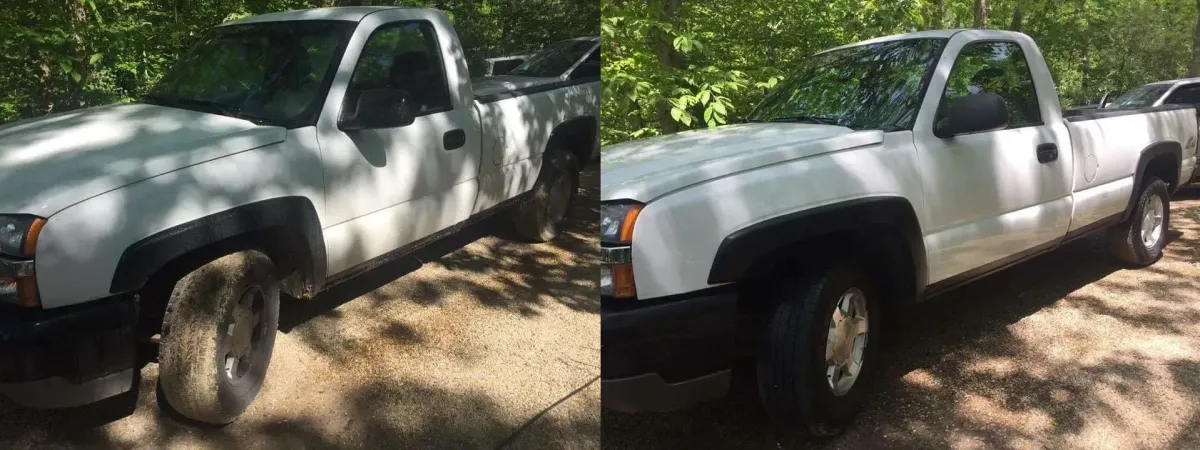 Before and after truck exterior detailing on a white Chevy pickup at Vineyard Wash in Martha’s Vineyard.