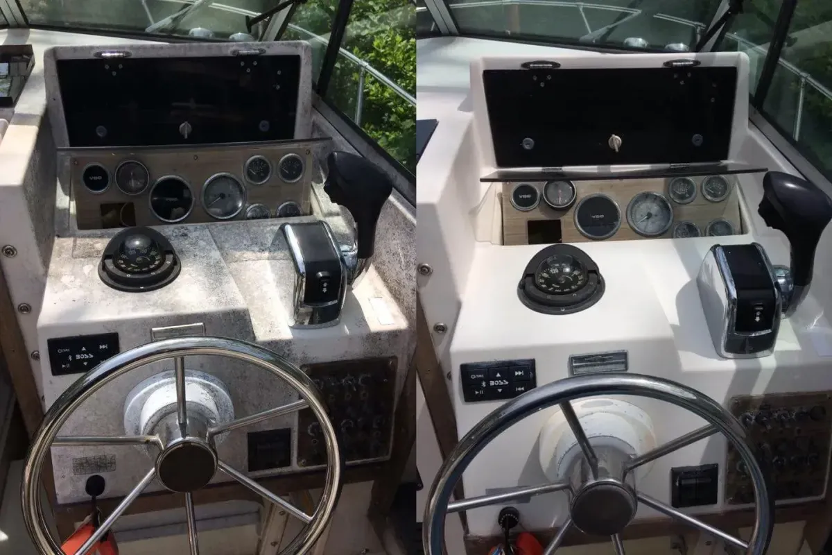 Before and after boat console cleaning at Vineyard Wash in Martha’s Vineyard, showing restored controls, steering wheel, and navigation panel.