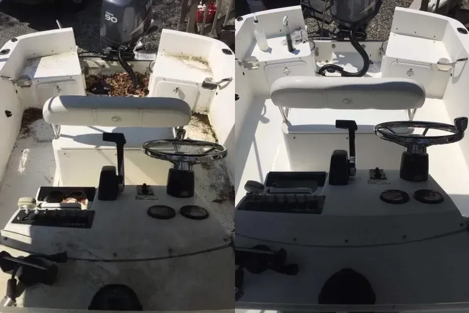 Before and after boat deck and console cleaning at Vineyard Wash, showcasing complete removal of dirt, leaves, and mildew.