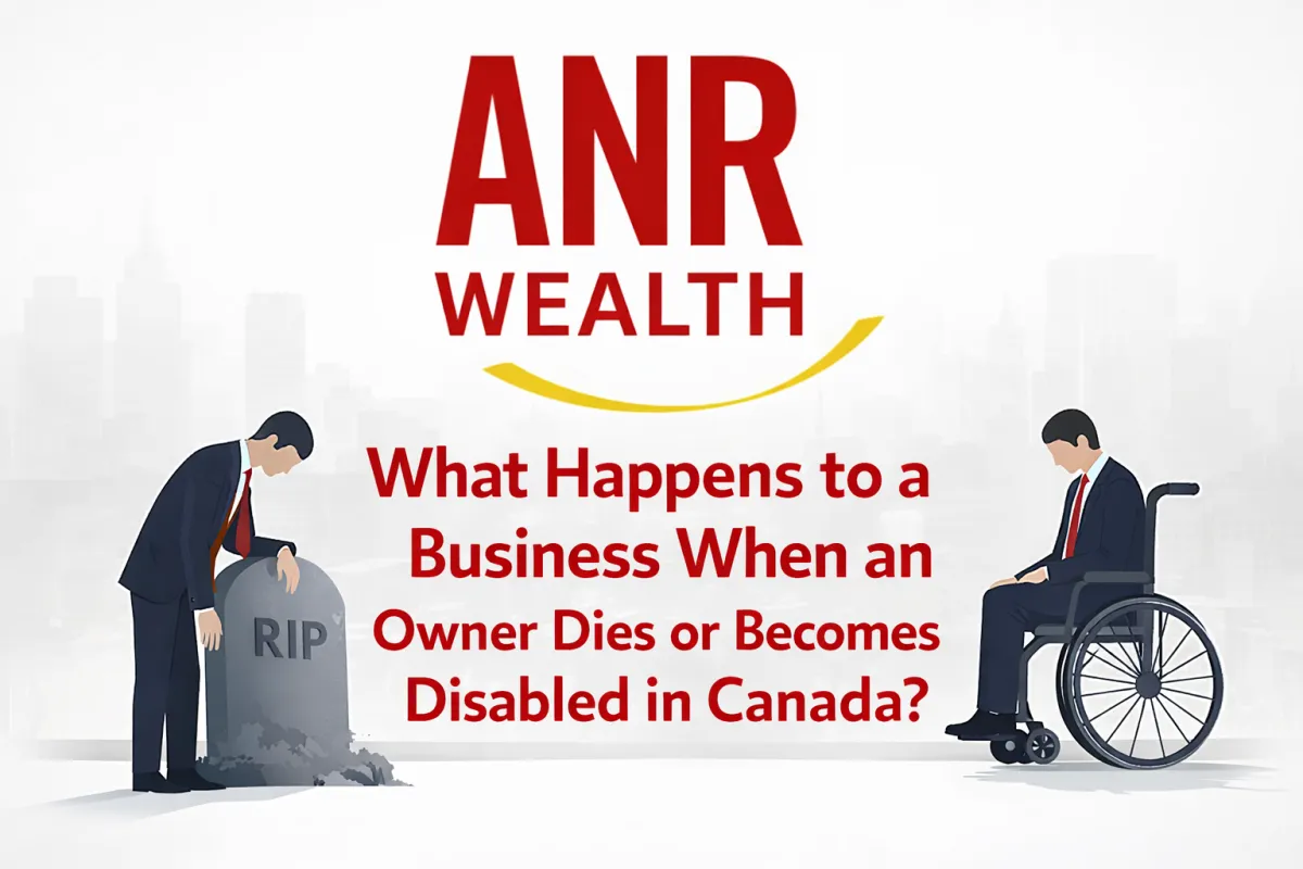 Illustration showing business owners affected by death and disability, with ANR Wealth branding, representing business continuity planning in Canada.
