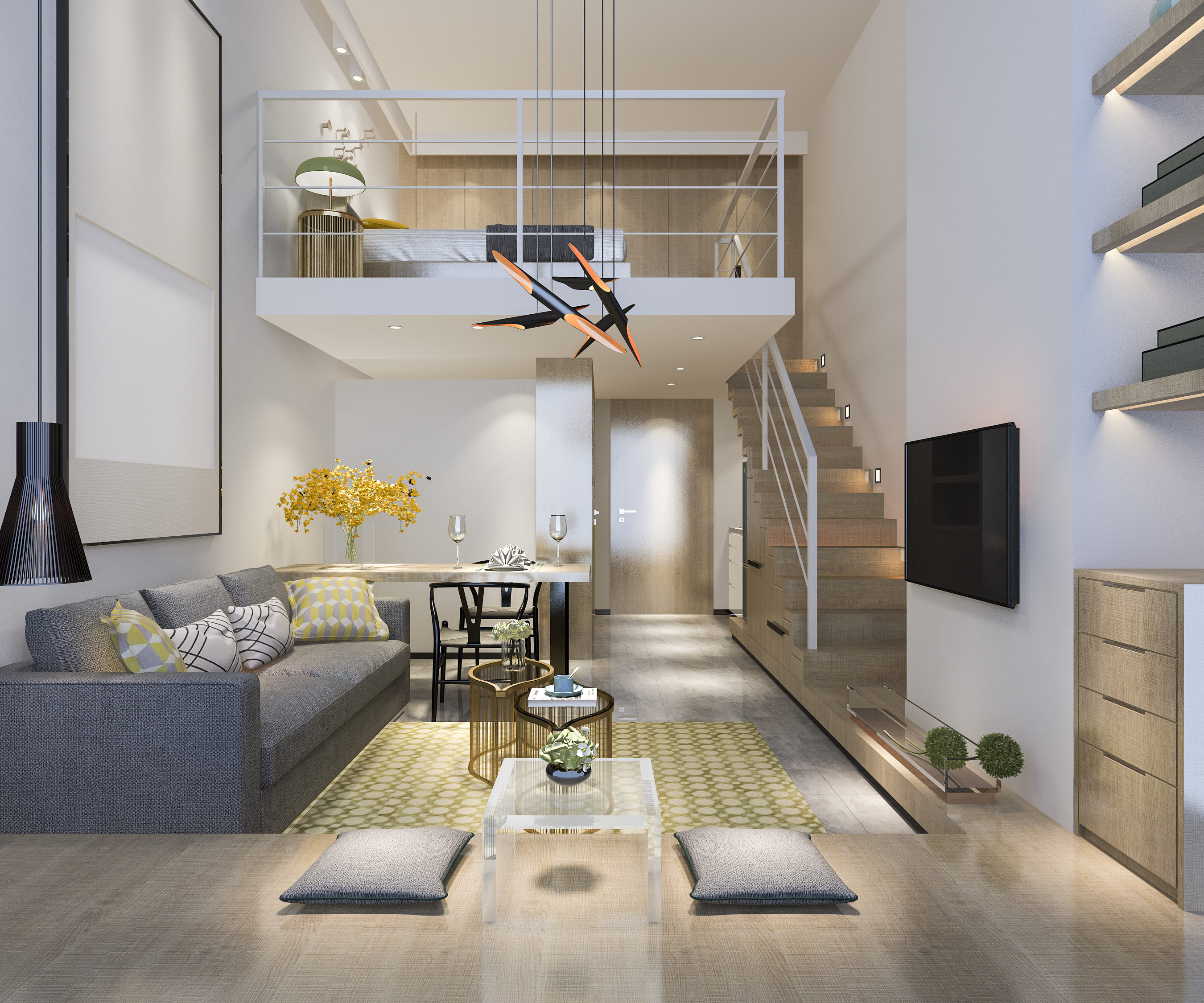 Stylish loft-style living room with a mezzanine level. Features a gray sofa, dining area, and modern decor.
