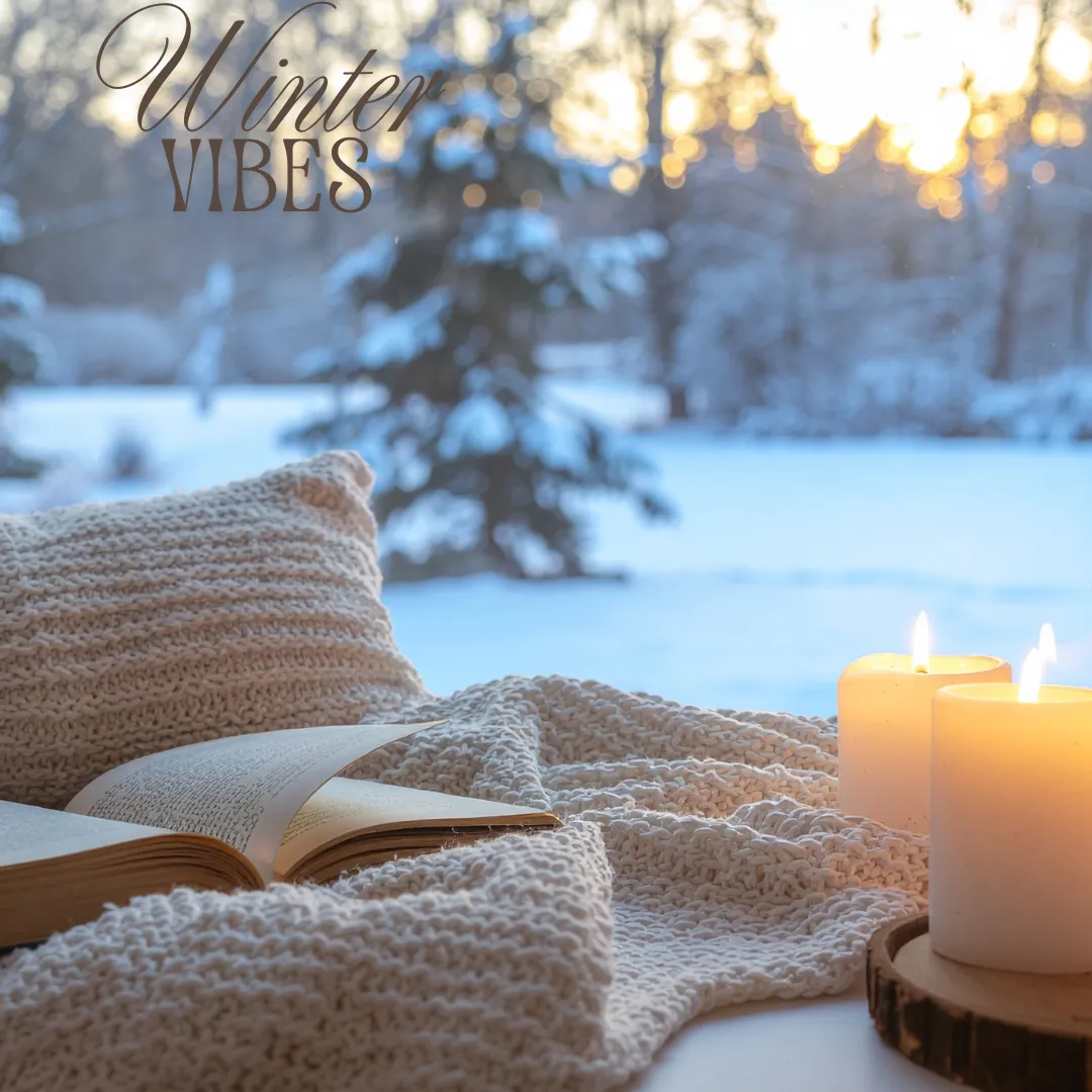 cozy winter scene with blanket and candle