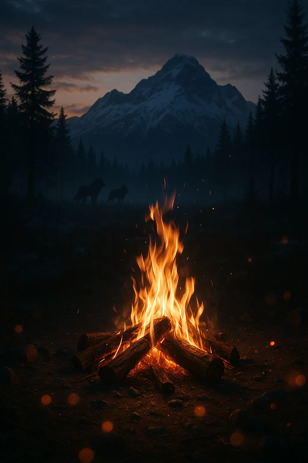 A campfire at dusk with distant snowbound peaks, faint wolf silhouettes in the treeline, glowing embers