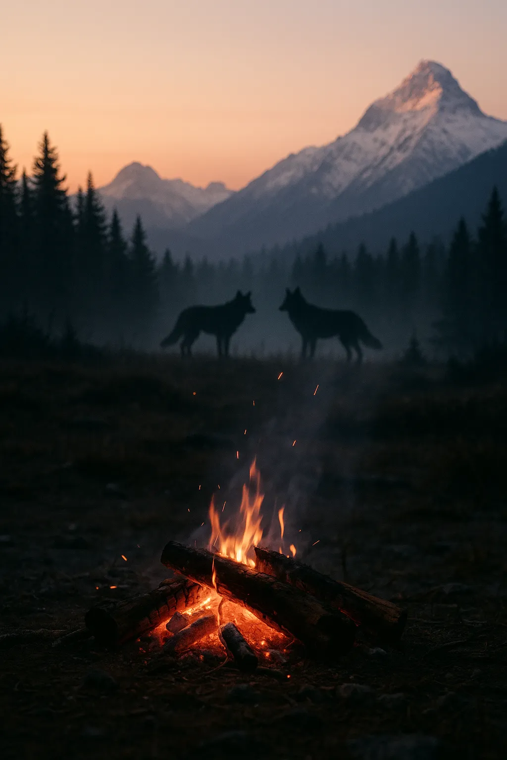 Withering campfire at dawn with soft embers, two wolf silhouettes at the forest edge, snowbound peaks in the distance.